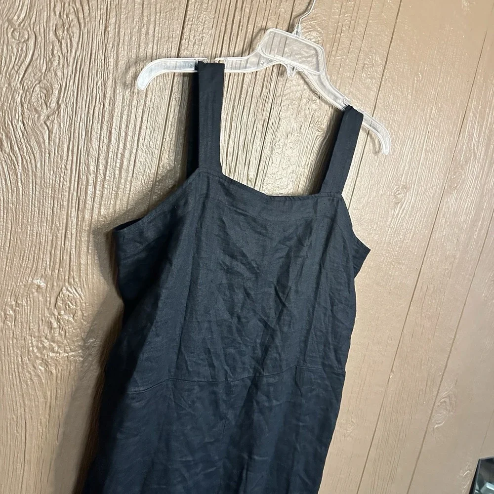Quince Women's 100% European Black Linen Square Neck Light Weight Jumpsuit Sz L